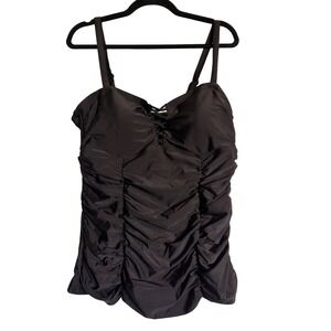 Beach Slimming Torrid Black Ruched Lattice Lace Up Tankini Swim Top Plus Size 1